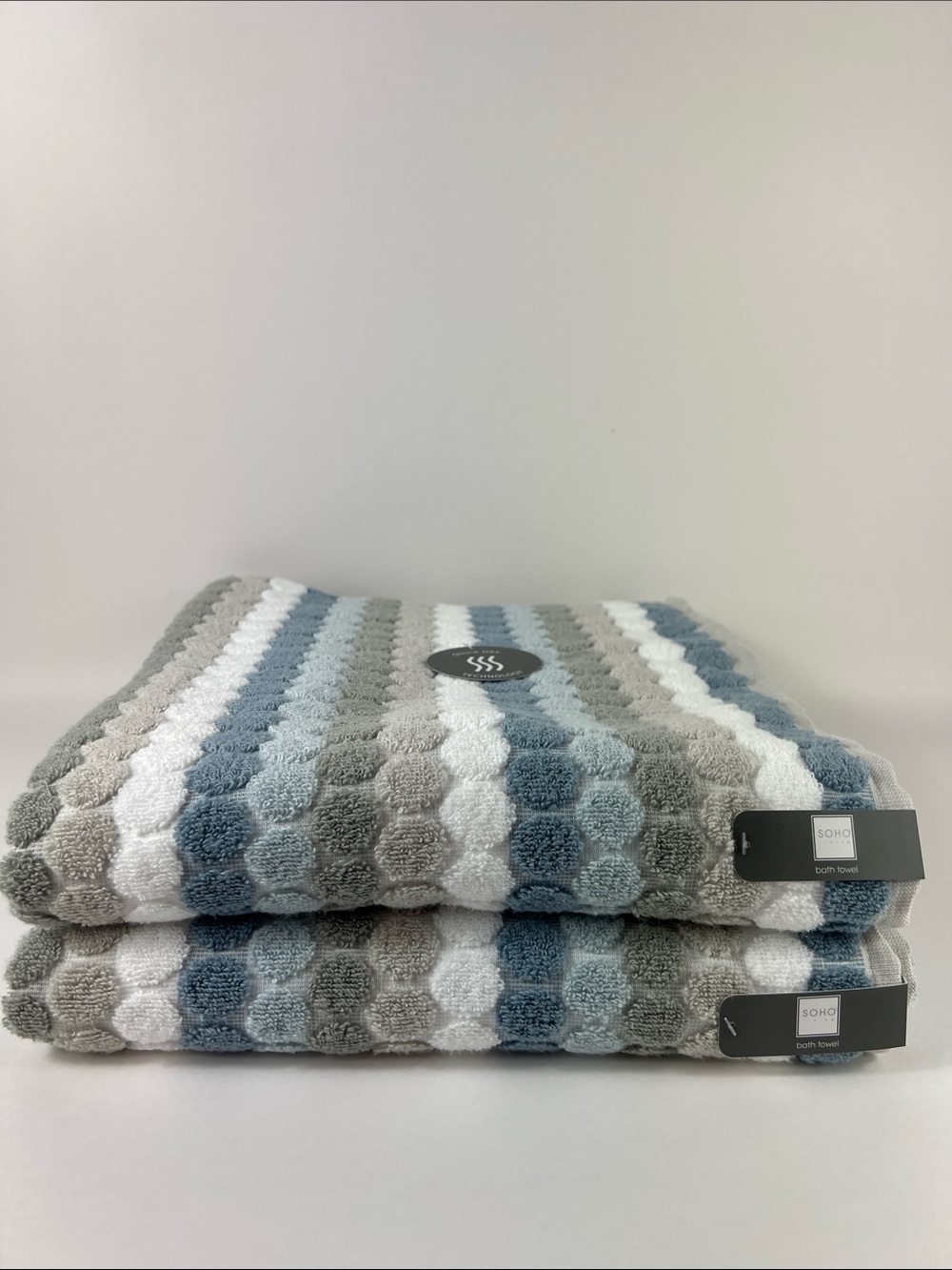 Soho Living Bath Towels in Blue, Gray, White Striped Zero Twist Cotton 2 Pc NEW